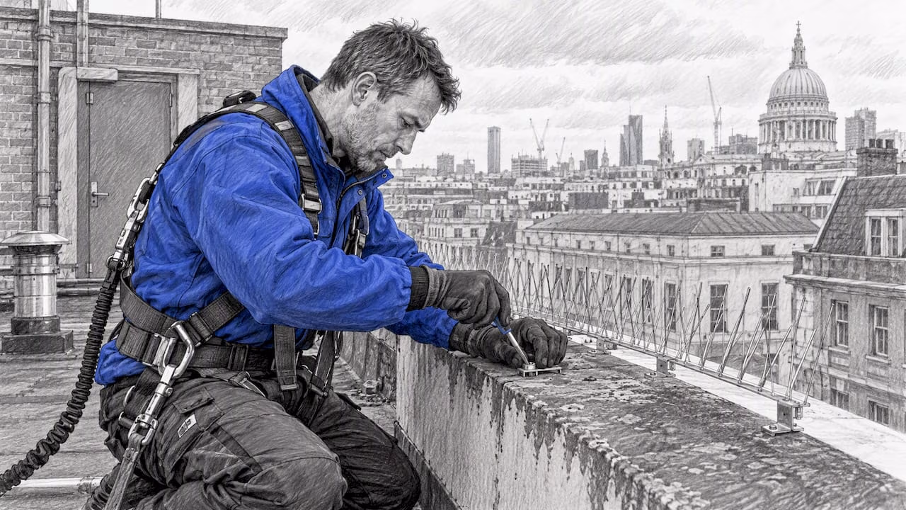 Technician fitting bird deterrents on a commercial roof