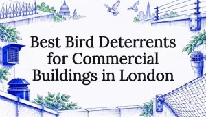 Bird deterrent sketches framing a clear title area