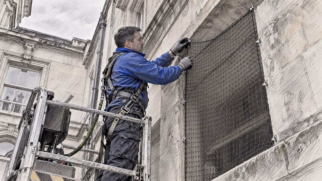 Technician fitting bird netting on stone facade